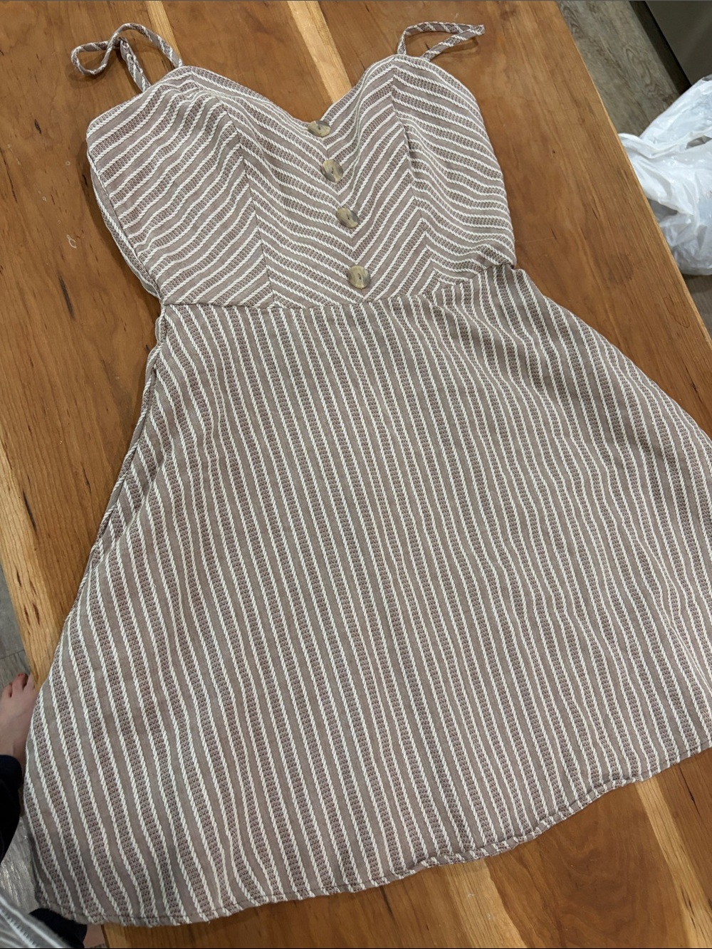 Francesca’s Beige and White Striped Mini Dress with Button-Front Bodice